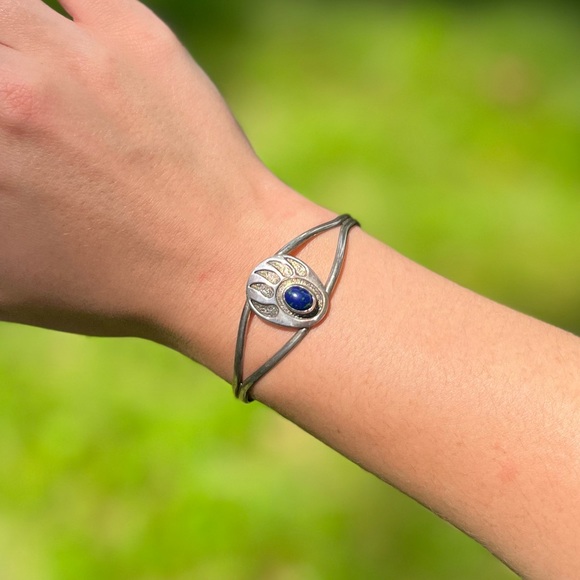 Vintage Sterling Silver Navajo Azurite Bear Paw Cuff Bracelet - Picture 3 of 16
